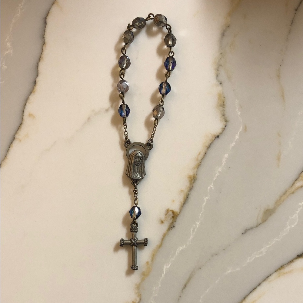 Vintage-Style Rosary Bracelet with Blue-Gray Beads